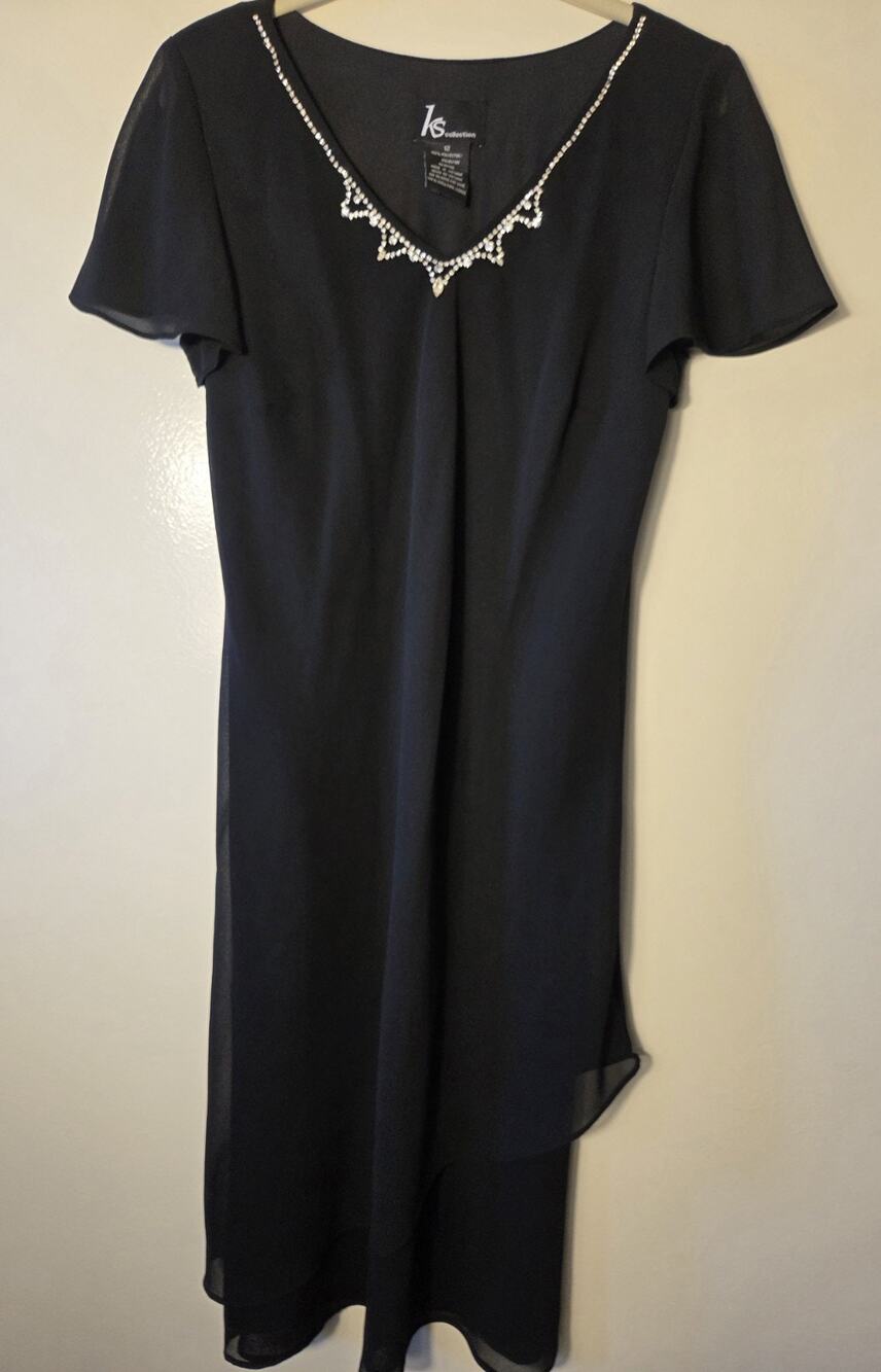Vintage KS Collection Womens 12 Black Mid Length Dress Short Sleeve Rhinestones